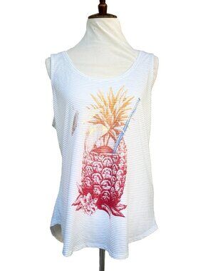 Lucky Brand Pineapple Graphic Tank Top Size L White Striped Cotton Womens